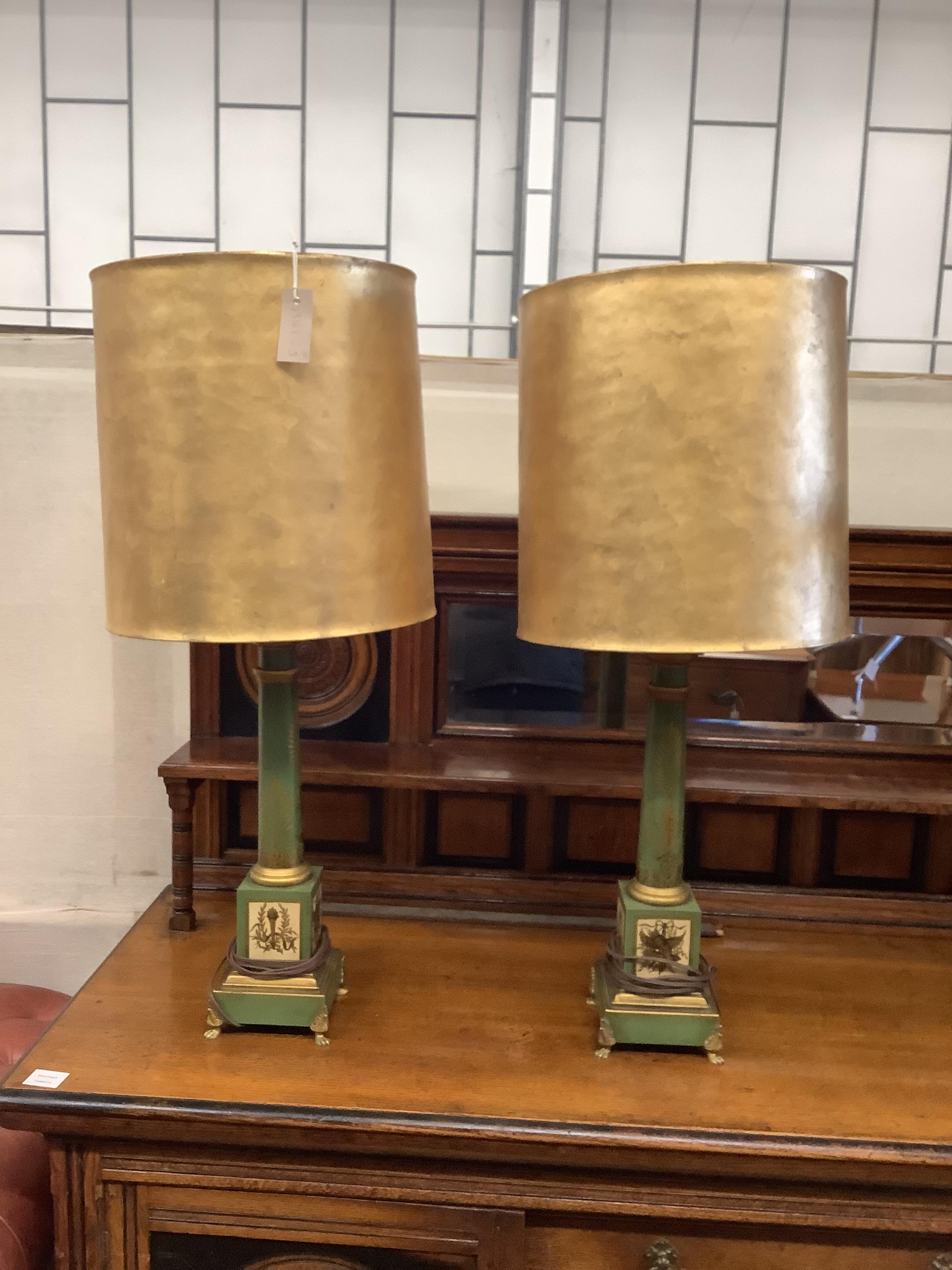 A pair of reproduction faux toleware table lamps and shades, height including shades 89cm